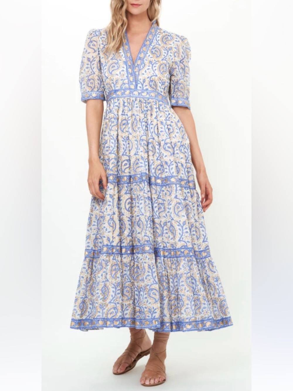 Oliphant V-neck Cuffed Maxi Dress in Marseille Blue Large